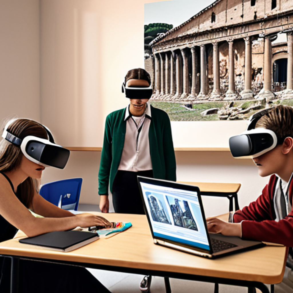 **

> A modern classroom scene. Some students are wearing VR headsets and exploring ancient Rome. Other students are working on laptops, and an AI tutor is helping them with their homework. A teacher guides the class.

**