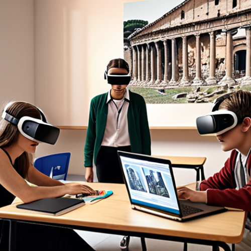 **

> A modern classroom scene. Some students are wearing VR headsets and exploring ancient Rome. Other students are working on laptops, and an AI tutor is helping them with their homework. A teacher guides the class.

**