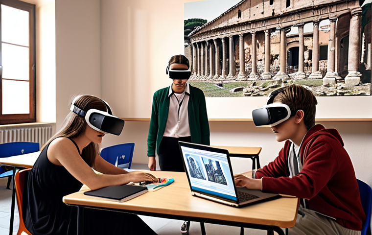 **
> A modern classroom scene. Some students are wearing VR headsets and exploring ancient Rome. Other students are working on laptops, and an AI tutor is helping them with their homework. A teacher guides the class.
**